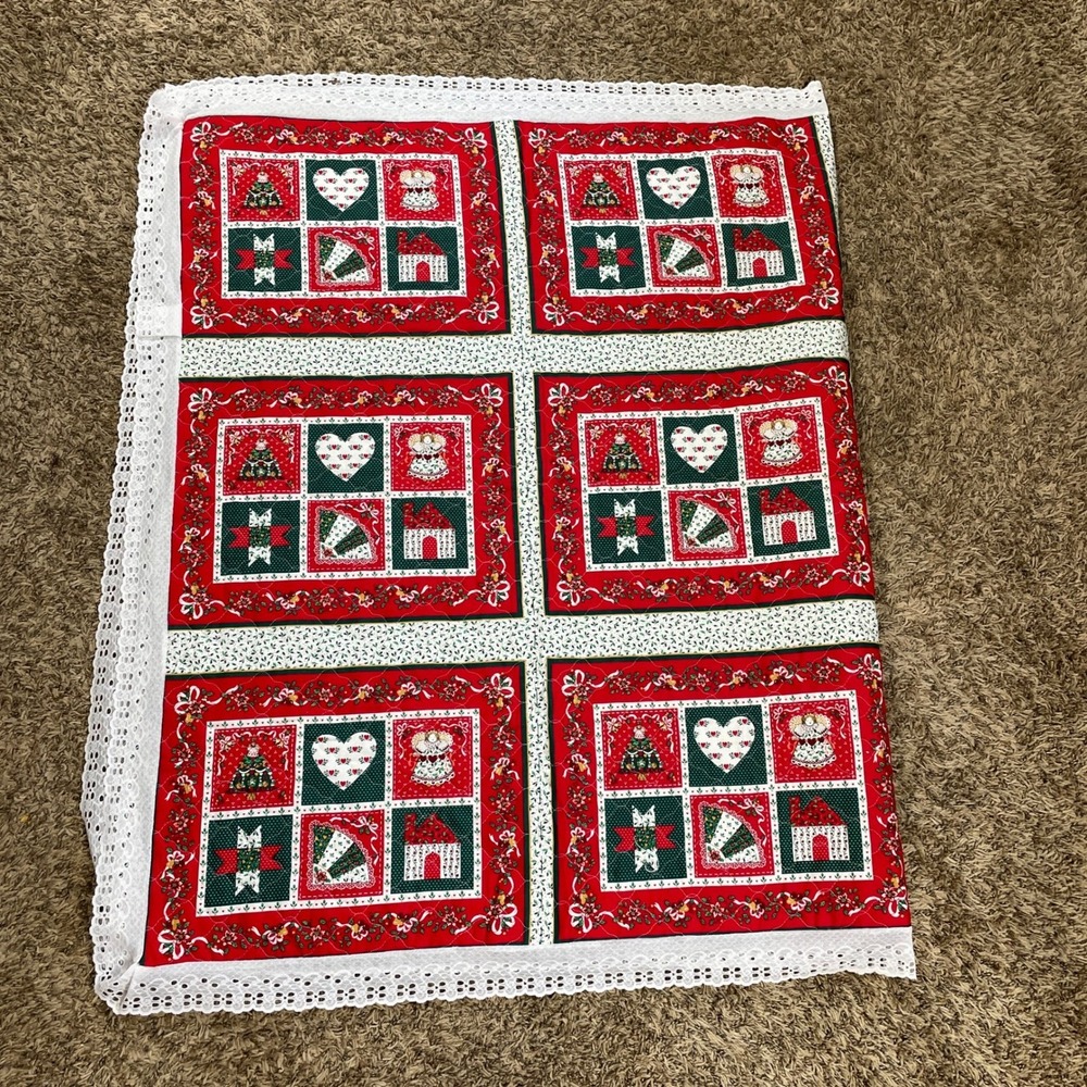 Handmade Christmas Lace Trim Quilt Holiday Decor Red Green White Angels 73x45